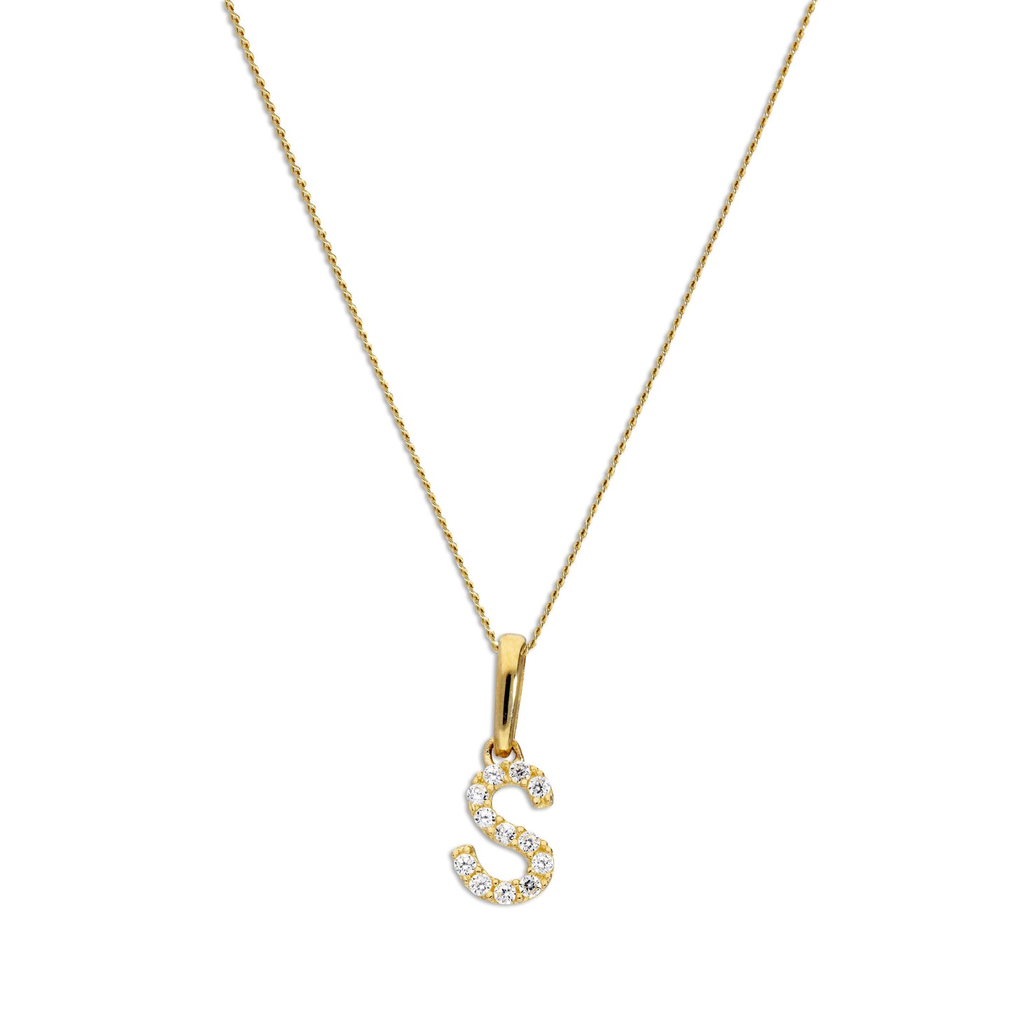 9 Karat Gold & Klar CZ Kristall Hängend Schrift Alphabet Buchstabe S Anhänger an 40,5 - 51cm Kette
