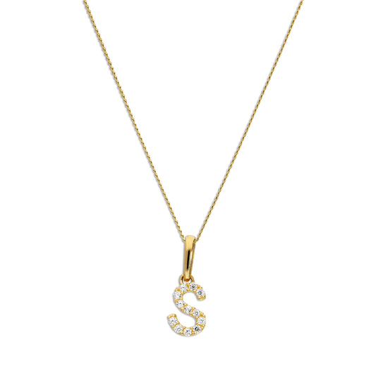 9ct Gold & Clear CZ Crystal Hanging Script Alphabet Letter S Pendant on 16 - 20 Inches Chain