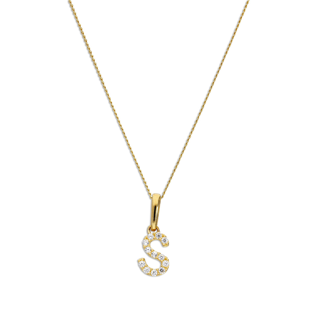 Hängender Schreibschrift-Anhänger Buchstabe S aus 9 Karat Gold mit klarem Zirkonia an Kette, 40 - 50 cm