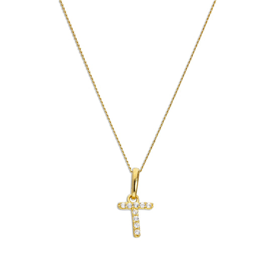 9 Karat Gold & Klar CZ Kristall Hängend Schrift Alphabet Buchstabe T Anhänger an 40,5 - 51cm Kette