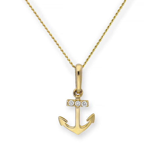 9ct Gold & Clear CZ Crystal Anchor Pendant Necklace