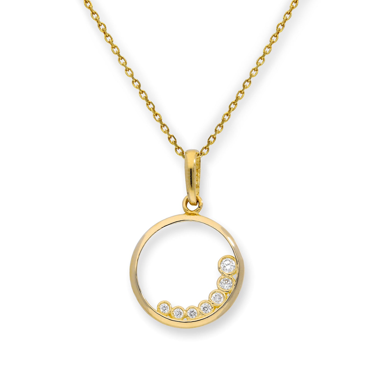 9ct Gold & Clear CZ Crystal Cut Out Circle Pendant Necklace