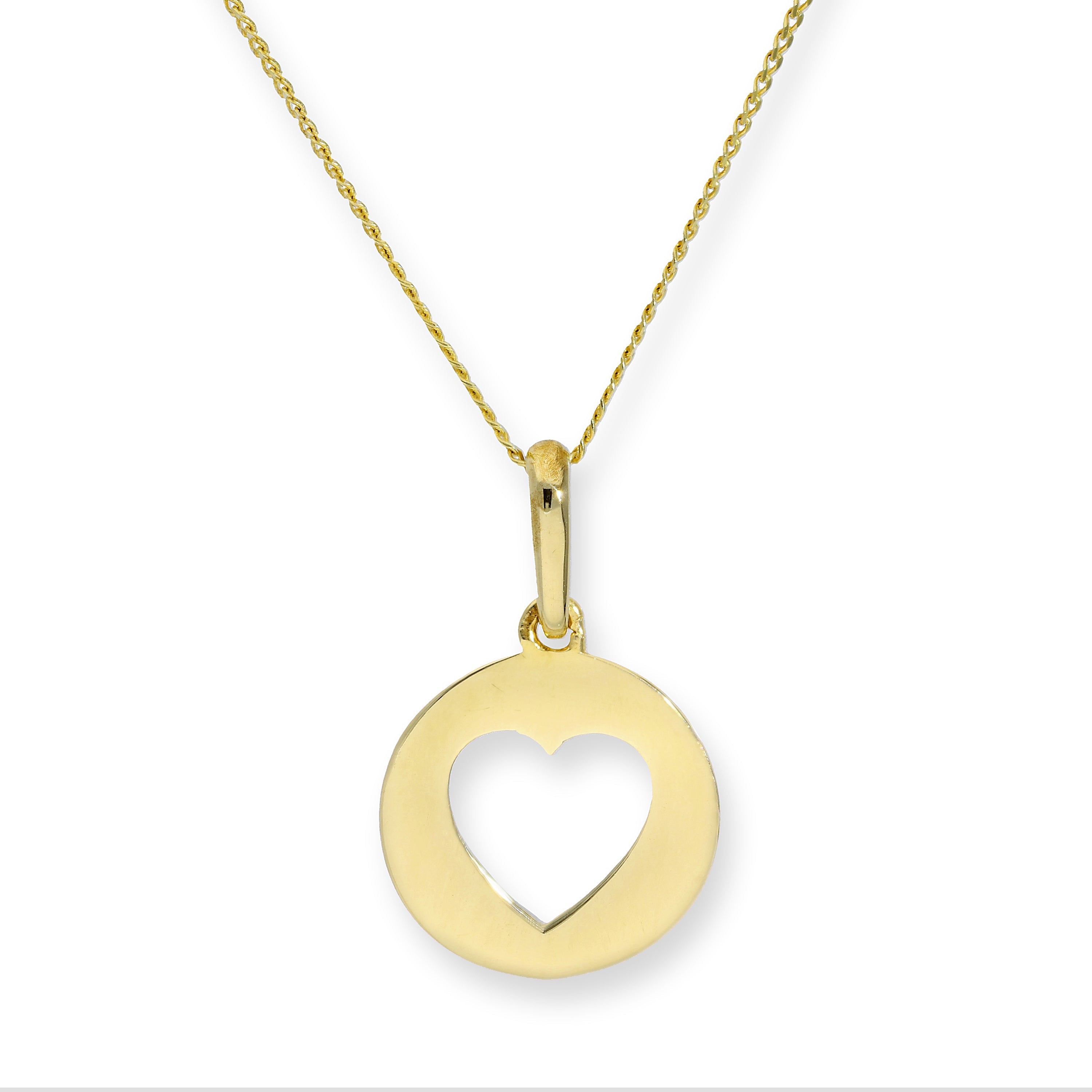 Runder Anhänger aus 9 Karat Gold mit ausgeschnittenem Herz an einer Kette