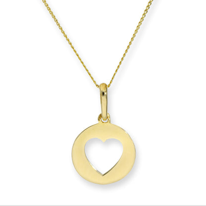Runder Anhänger aus 9 Karat Gold mit ausgeschnittenem Herz an einer Kette