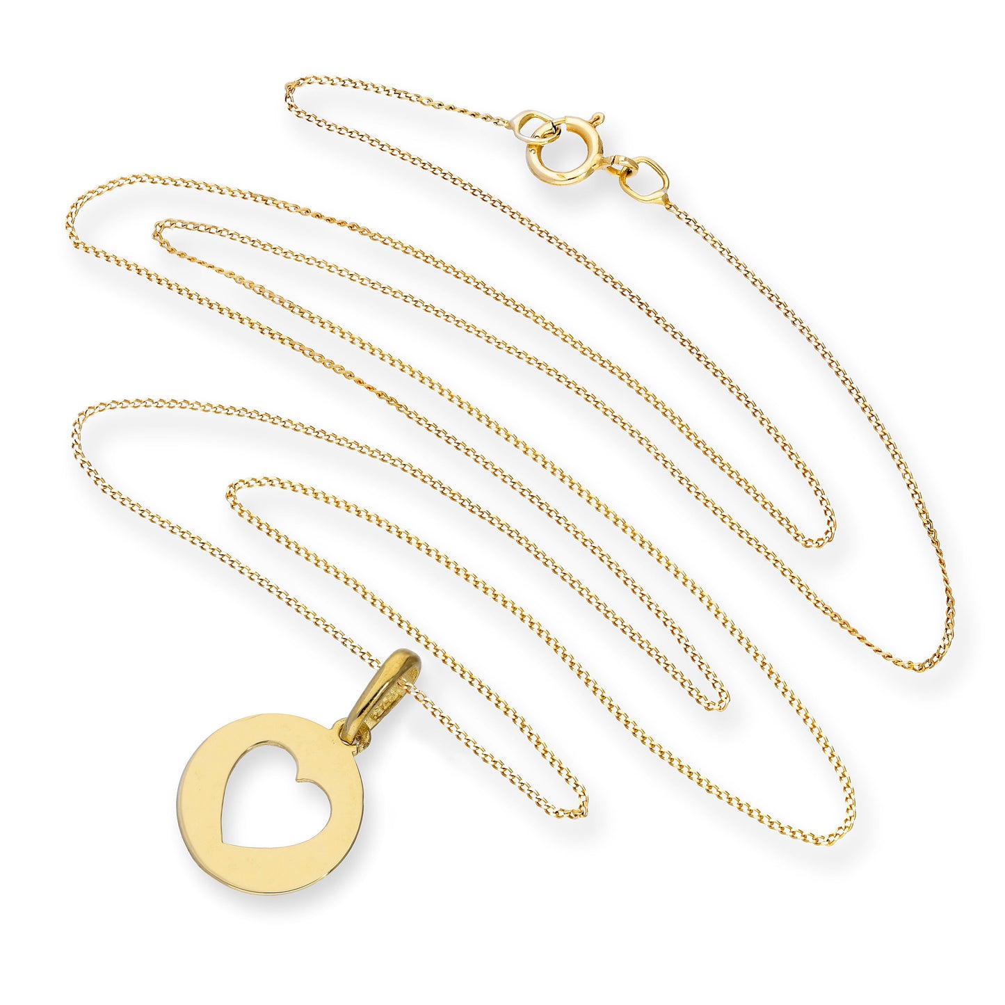 Runder Anhänger aus 9 Karat Gold mit ausgeschnittenem Herz an einer Kette