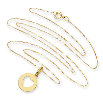 Runder Anhänger aus 9 Karat Gold mit ausgeschnittenem Herz an einer Kette