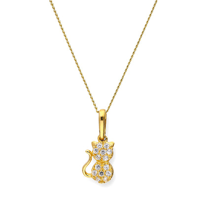 Halskette mit Anhänger aus 9 Karat Gold und klarem CZ-Kristall in Katzenform