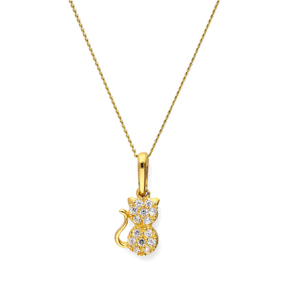 9ct Gold & Clear CZ Crystal Cat Pendant Necklace
