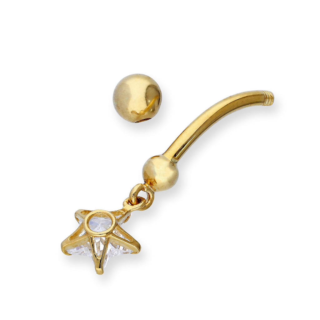 9 Karat Gold & Hängend Klar CZ Kristall Stern Kugelende Bauchnabelstange