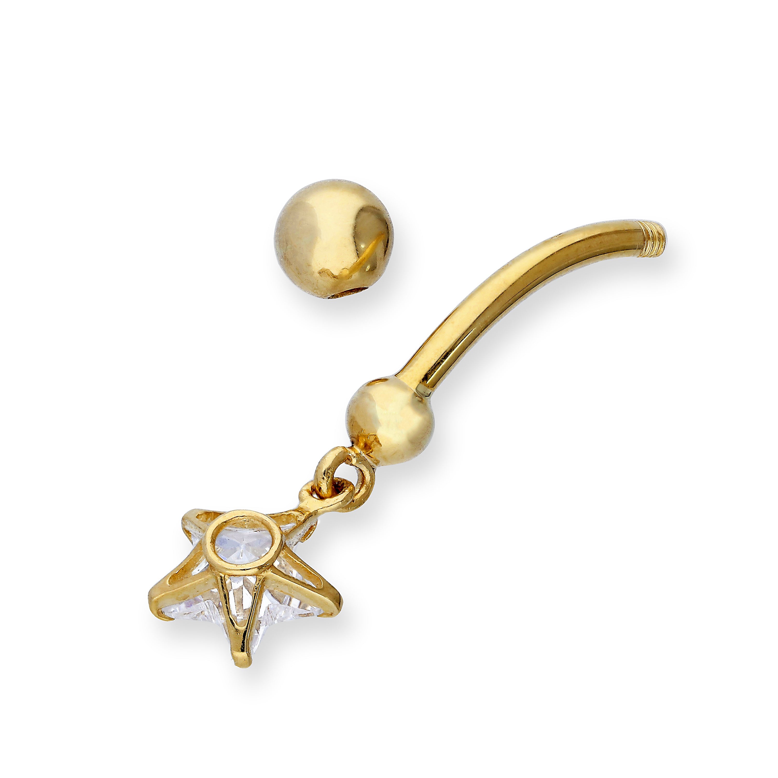 9 Karat Gold & Hängend Klar CZ Kristall Stern Kugelende Bauchnabelstange