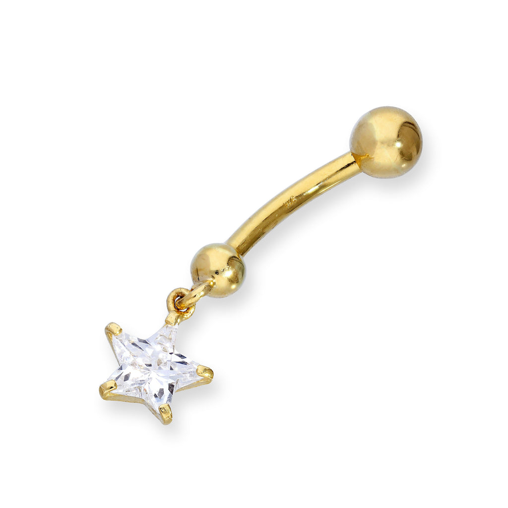 9 Karat Gold & Hängend Klar CZ Kristall Stern Kugelende Bauchnabelstange