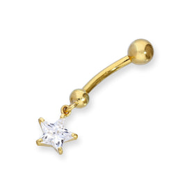 9 Karat Gold & Hängend Klar CZ Kristall Stern Kugelende Bauchnabelstange