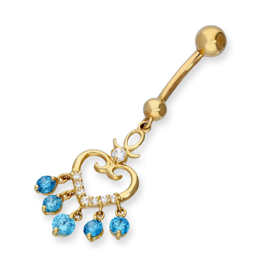 9 Karat Gold & Klar CZ Kristall Hängend Hübsches Herz Kugelende Bauchnabelstange