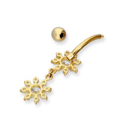 9 Karat Gold & Doppel Hängend Klar CZ Kristall Blumen Kugelende Bauchnabelstange