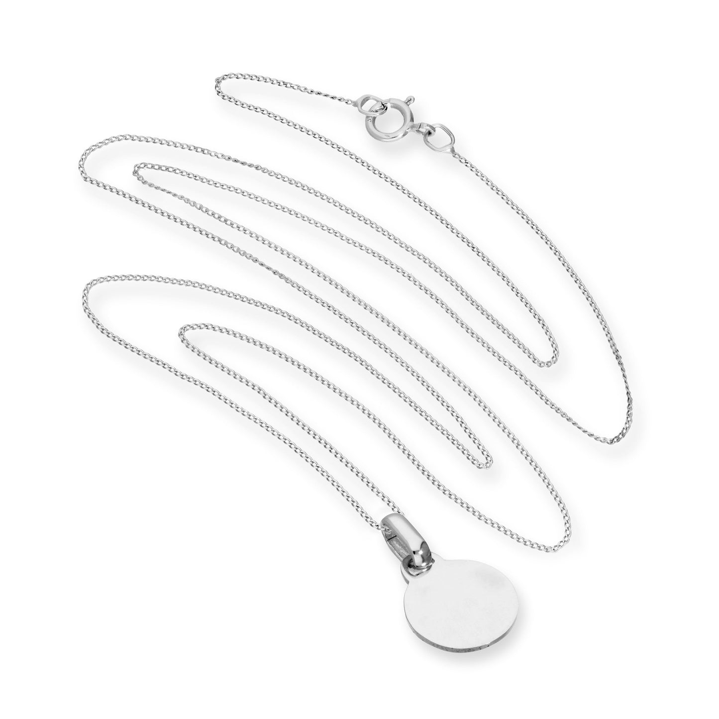 9 Karat Weißgold, gravierbarer runder Anhänger, Halskette, 16–20 Zoll