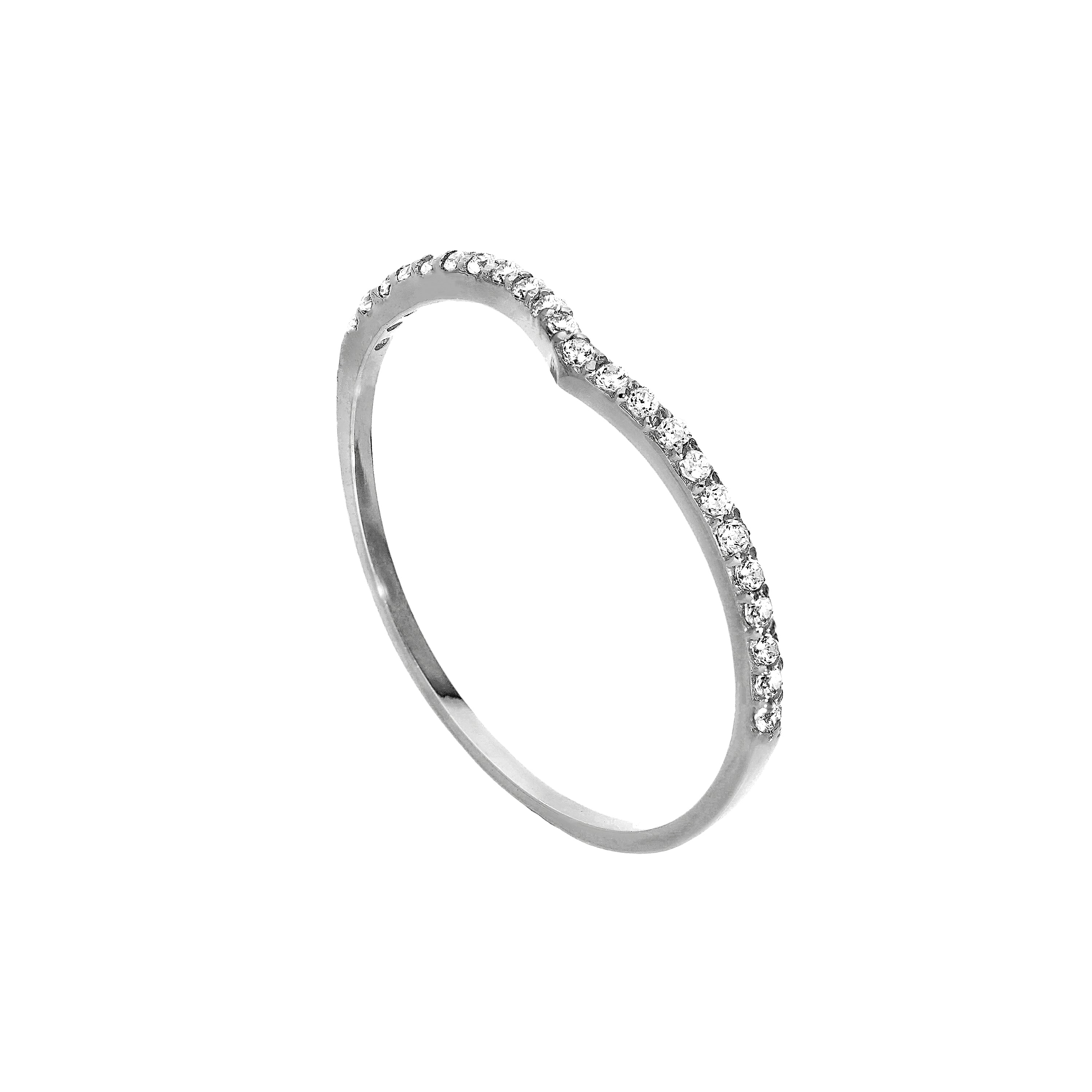 9 Karat Weißgold & klarer Zirkonia-Kristall, Wishbone-halber Ewigkeitsring zum Stapeln, Größe I-U