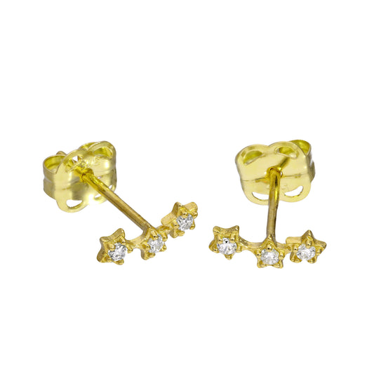 9ct Gold & Clear CZ Crystal String of Stars Stud Earrings