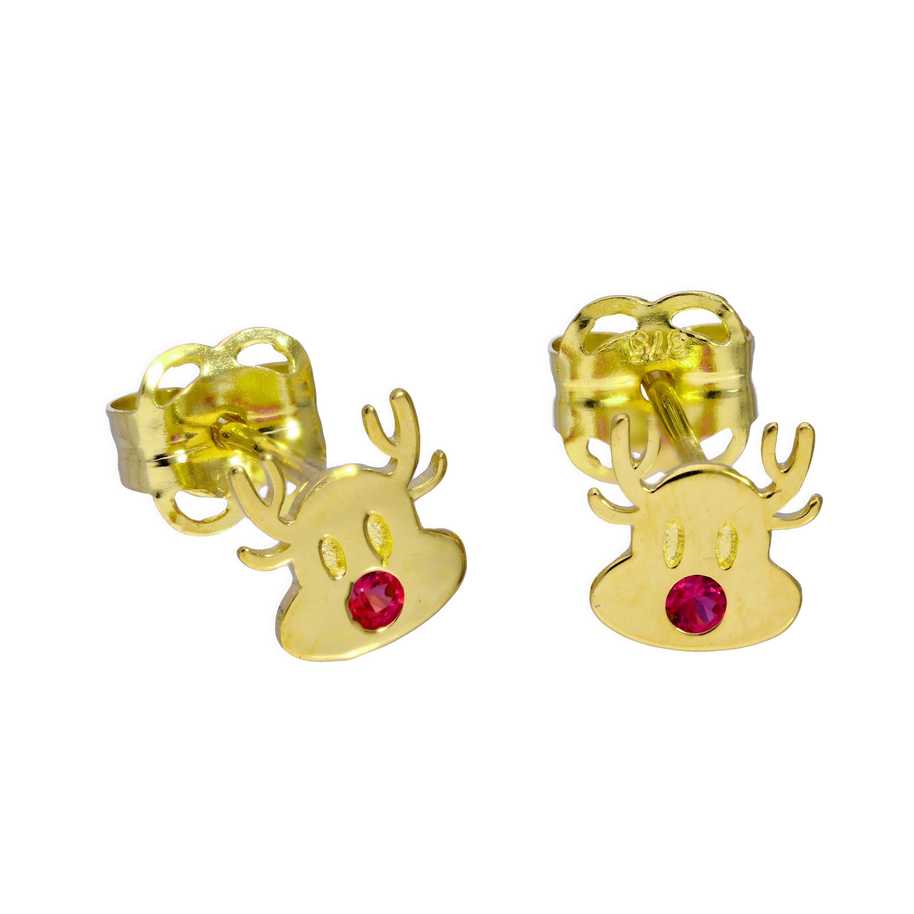 9 Karat Gold & Rubin CZ Kristall Rudolph das Rotnasen Rentier Ohrstecker