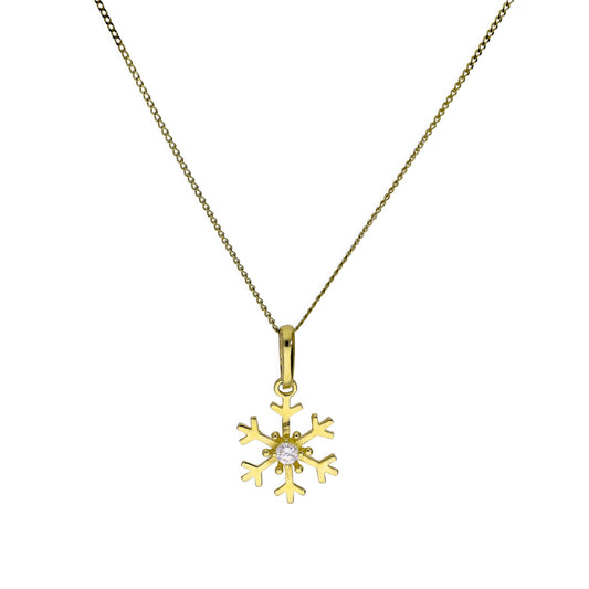 9ct Gold & Clear CZ Crystal Snowflake Pendant Necklace 16 - 20 Inches