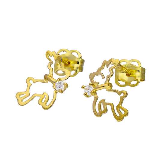 9 Karat Gold & Klar CZ Kristall Fliegendes Rentier Kontur Ohrstecker