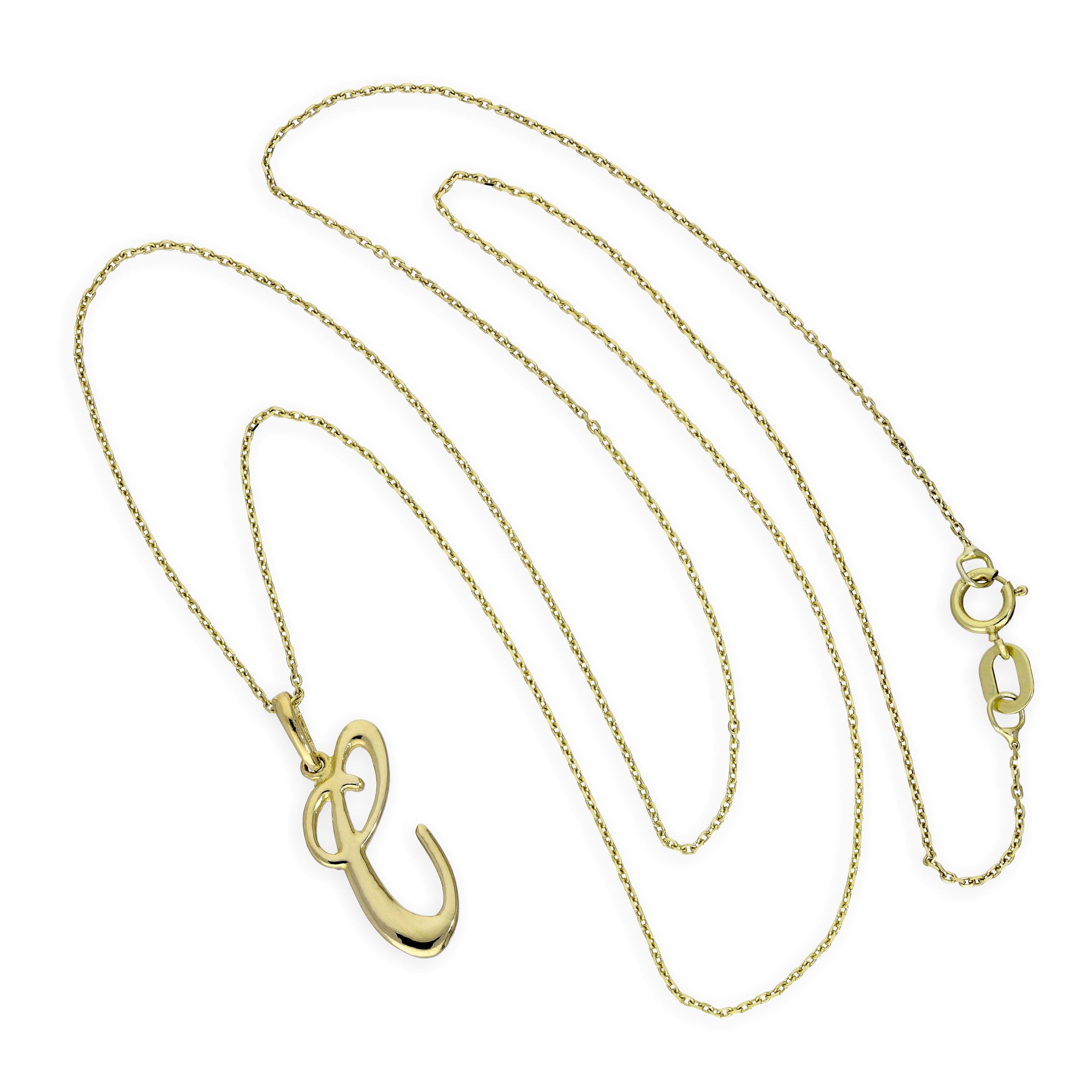 Halskette mit Anhänger aus 9 Karat Gold mit verschnörkelter Kalligraphie-Schrift und Buchstabe C, 16–20 Zoll