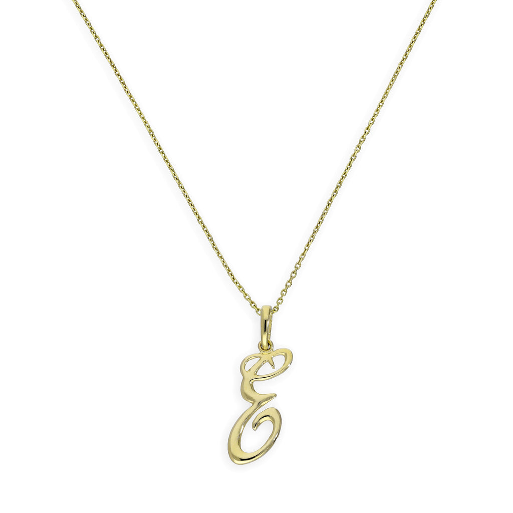 Halskette mit Anhänger aus 9 Karat Gold mit verschnörkelter Kalligraphie-Schrift und Buchstabe E, 16–20 Zoll