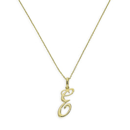 Halskette mit Anhänger aus 9 Karat Gold mit verschnörkelter Kalligraphie-Schrift und Buchstabe E, 16–20 Zoll