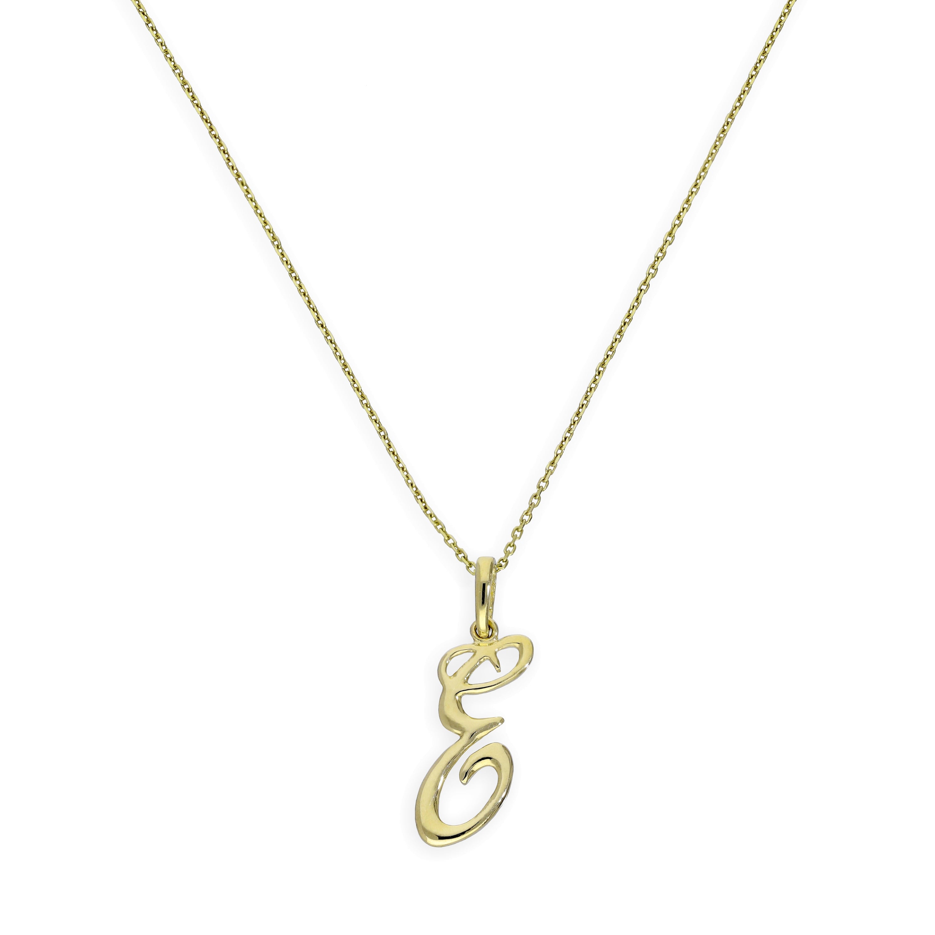 Halskette mit Anhänger aus 9 Karat Gold mit verschnörkelter Kalligraphie-Schrift und Buchstabe E, 16–20 Zoll