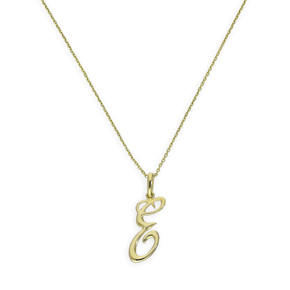 Halskette mit Anhänger aus 9 Karat Gold mit verschnörkelter Kalligraphie-Schrift und Buchstabe E, 16–20 Zoll