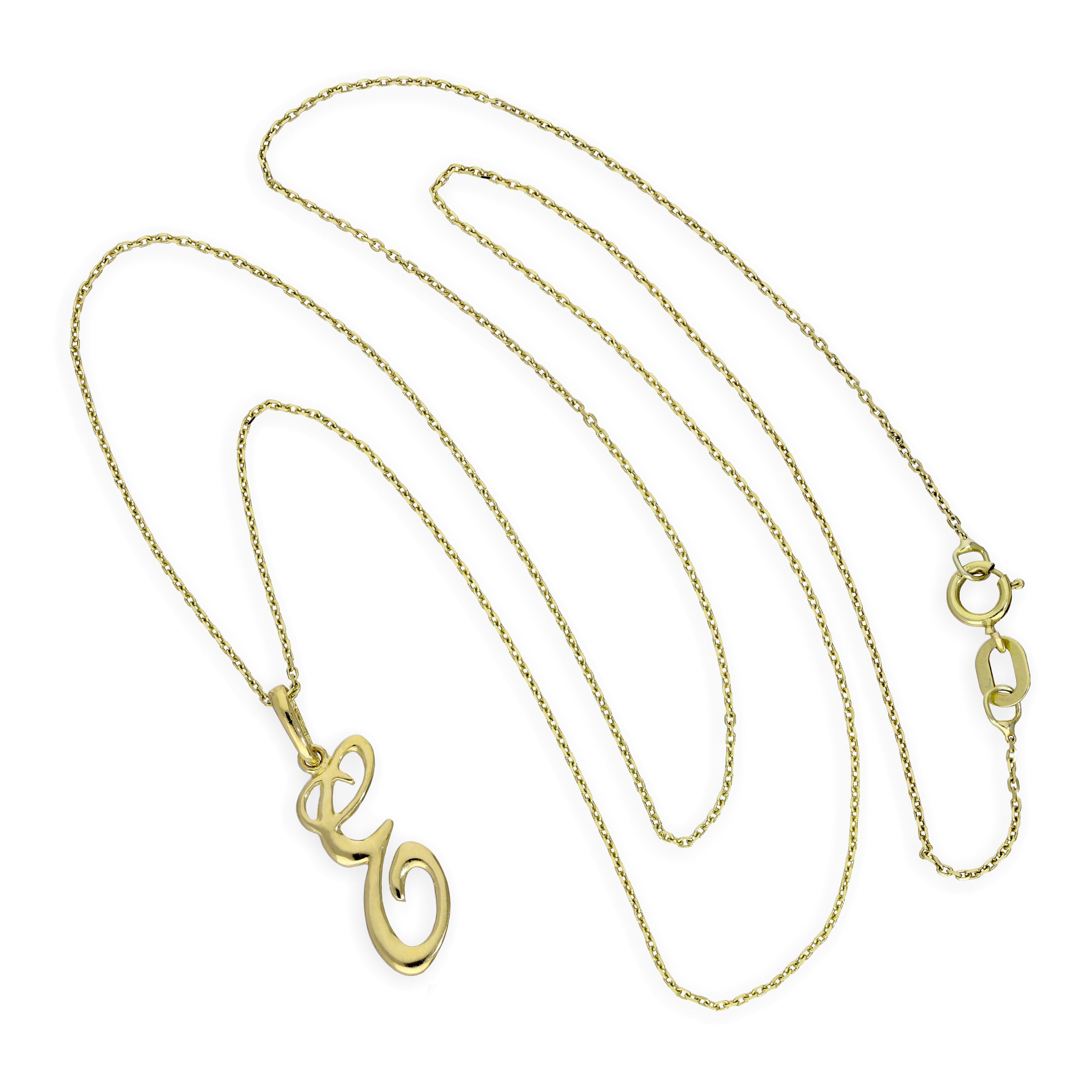 Halskette mit Anhänger aus 9 Karat Gold mit verschnörkelter Kalligraphie-Schrift und Buchstabe E, 16–20 Zoll