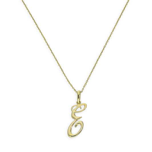 9ct Gold Fancy Calligraphy Script Letter E Pendant Necklace 16 - 20 Inches