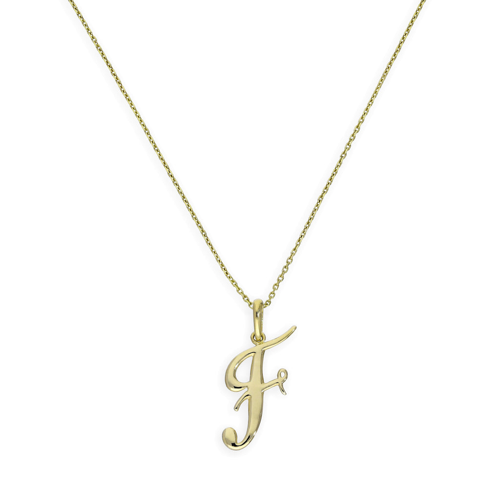 Halskette mit Anhänger aus 9 Karat Gold mit verschnörkelter Kalligraphie-Schrift und Buchstabe F, 16–20 Zoll