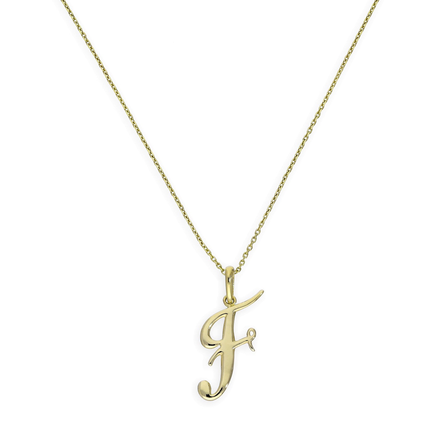 Halskette mit Anhänger aus 9 Karat Gold mit verschnörkelter Kalligraphie-Schrift und Buchstabe F, 16–20 Zoll