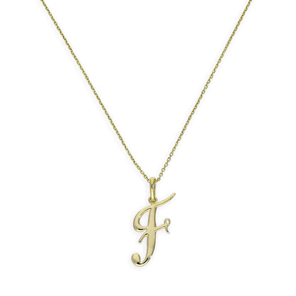 Halskette mit Anhänger aus 9 Karat Gold mit verschnörkelter Kalligraphie-Schrift und Buchstabe F, 16–20 Zoll