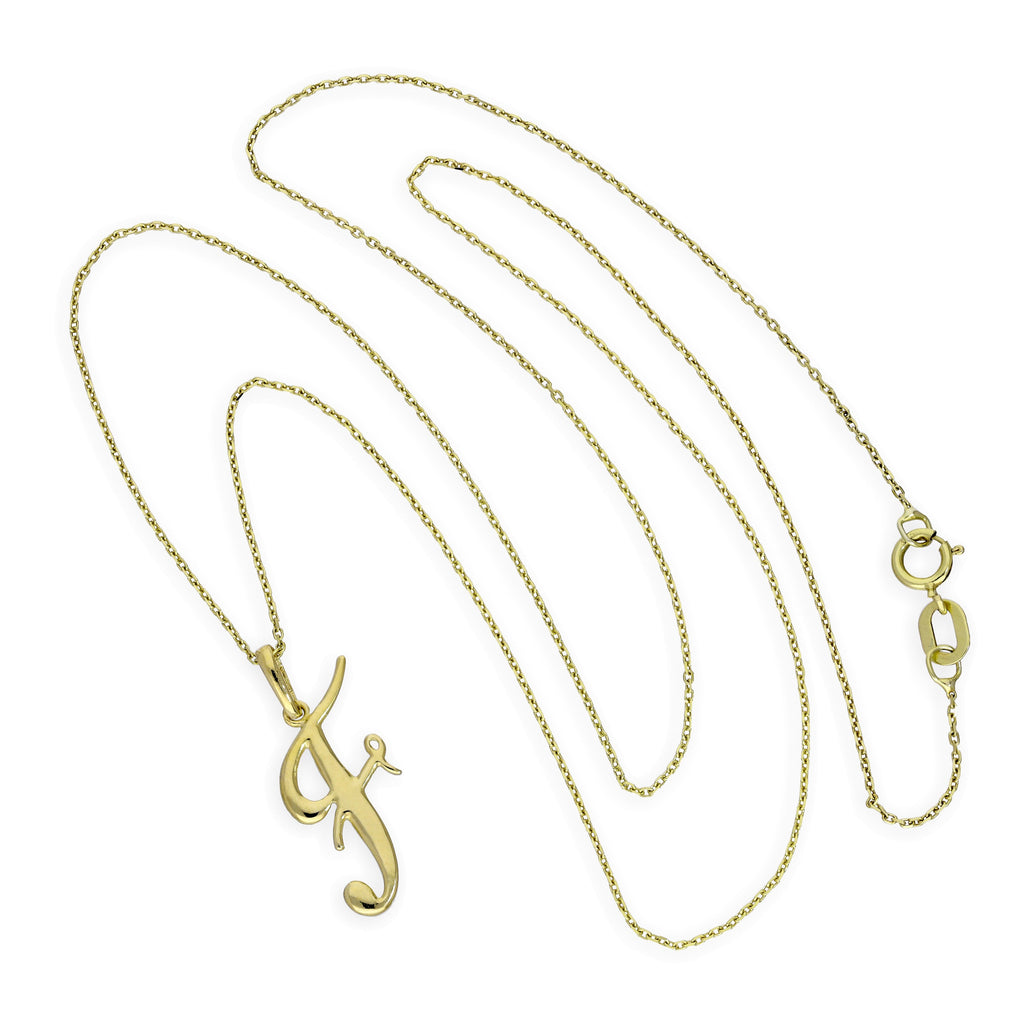 Halskette mit Anhänger aus 9 Karat Gold mit verschnörkelter Kalligraphie-Schrift und Buchstabe F, 16–20 Zoll