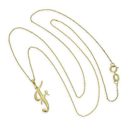 Halskette mit Anhänger aus 9 Karat Gold mit verschnörkelter Kalligraphie-Schrift und Buchstabe F, 16–20 Zoll