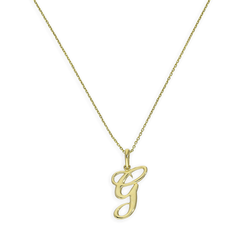 Halskette mit Anhänger aus 9 Karat Gold mit verschnörkelter Kalligraphie-Schrift und Buchstabe G, 16–20 Zoll