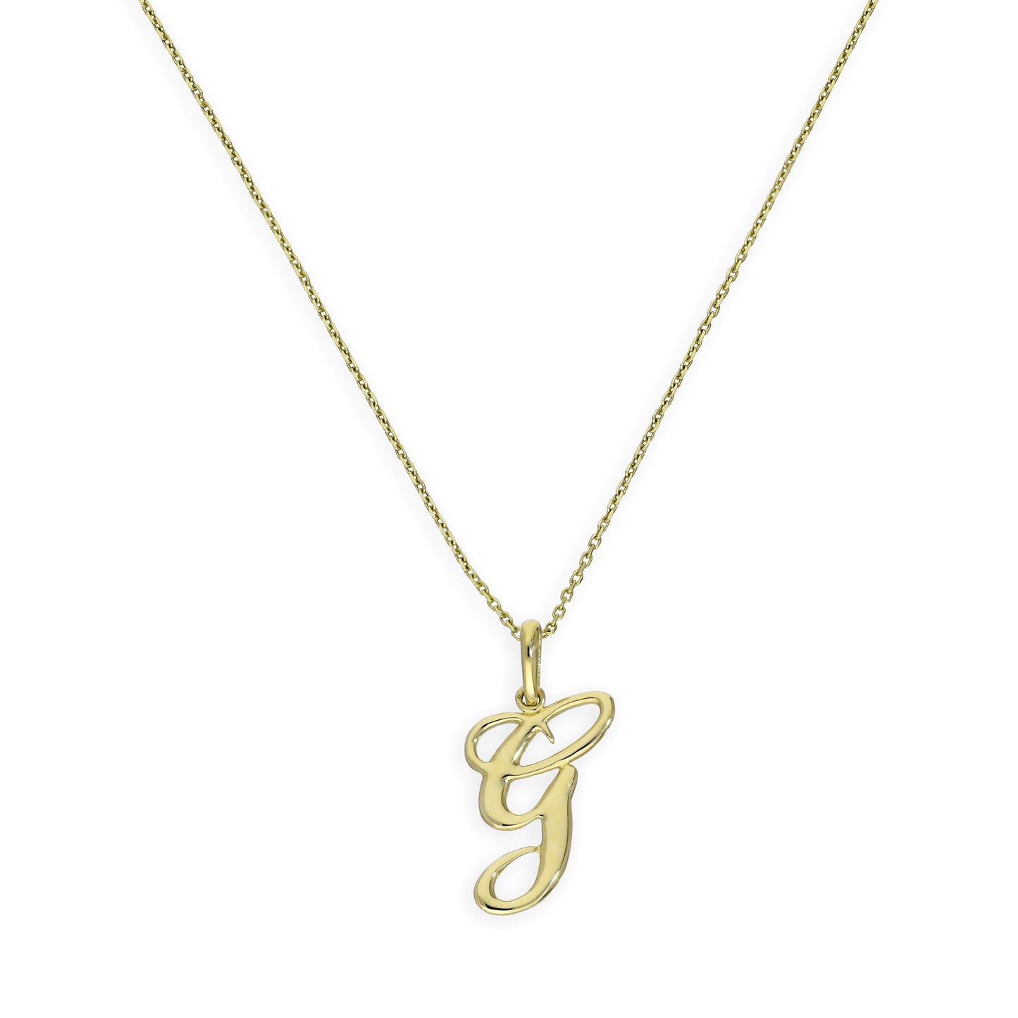 Halskette mit Anhänger aus 9 Karat Gold mit verschnörkelter Kalligraphie-Schrift und Buchstabe G, 16–20 Zoll