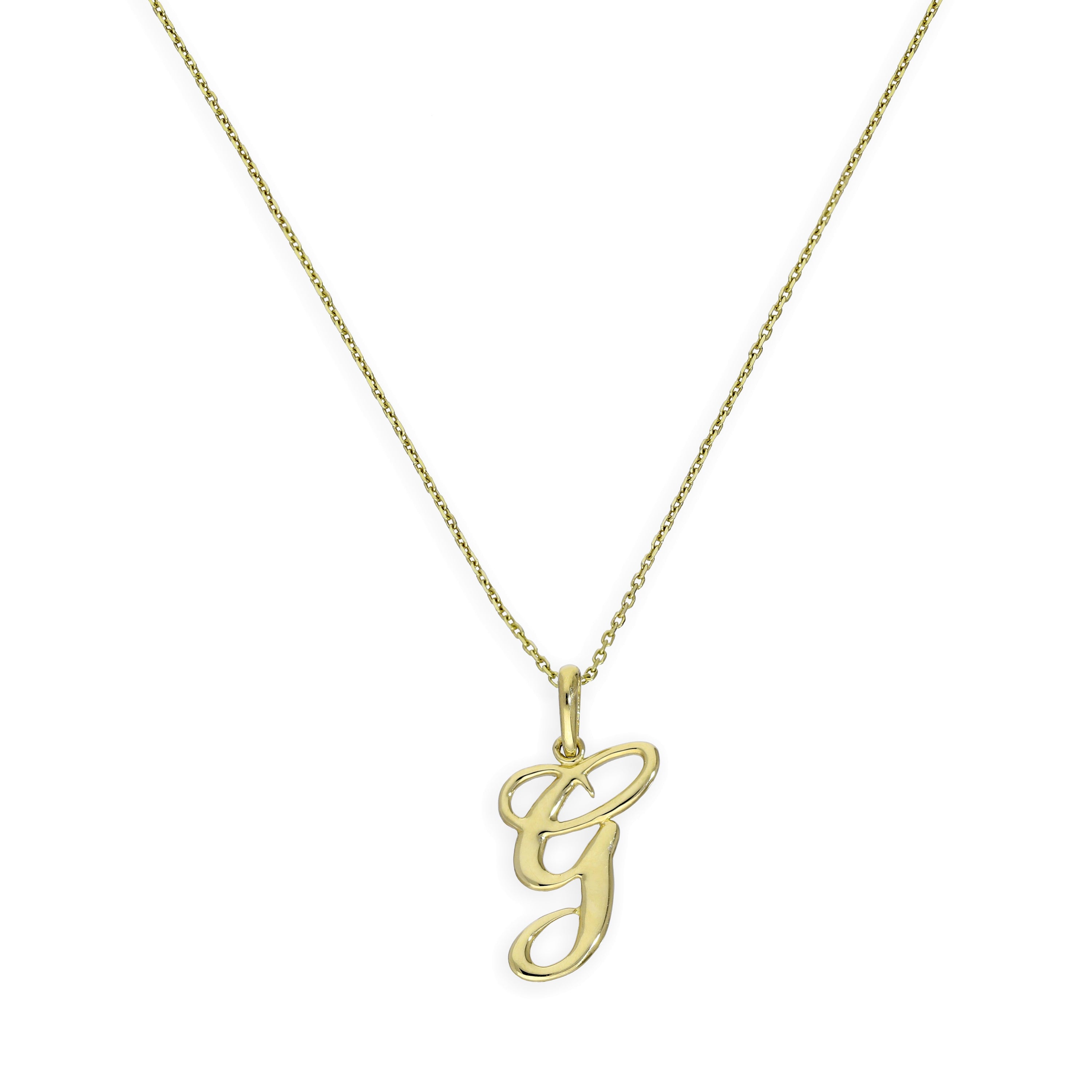 Halskette mit Anhänger aus 9 Karat Gold mit verschnörkelter Kalligraphie-Schrift und Buchstabe G, 16–20 Zoll