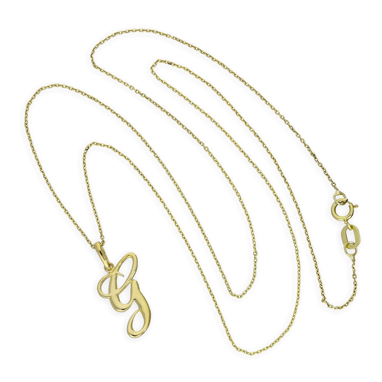 Halskette mit Anhänger aus 9 Karat Gold mit verschnörkelter Kalligraphie-Schrift und Buchstabe G, 16–20 Zoll