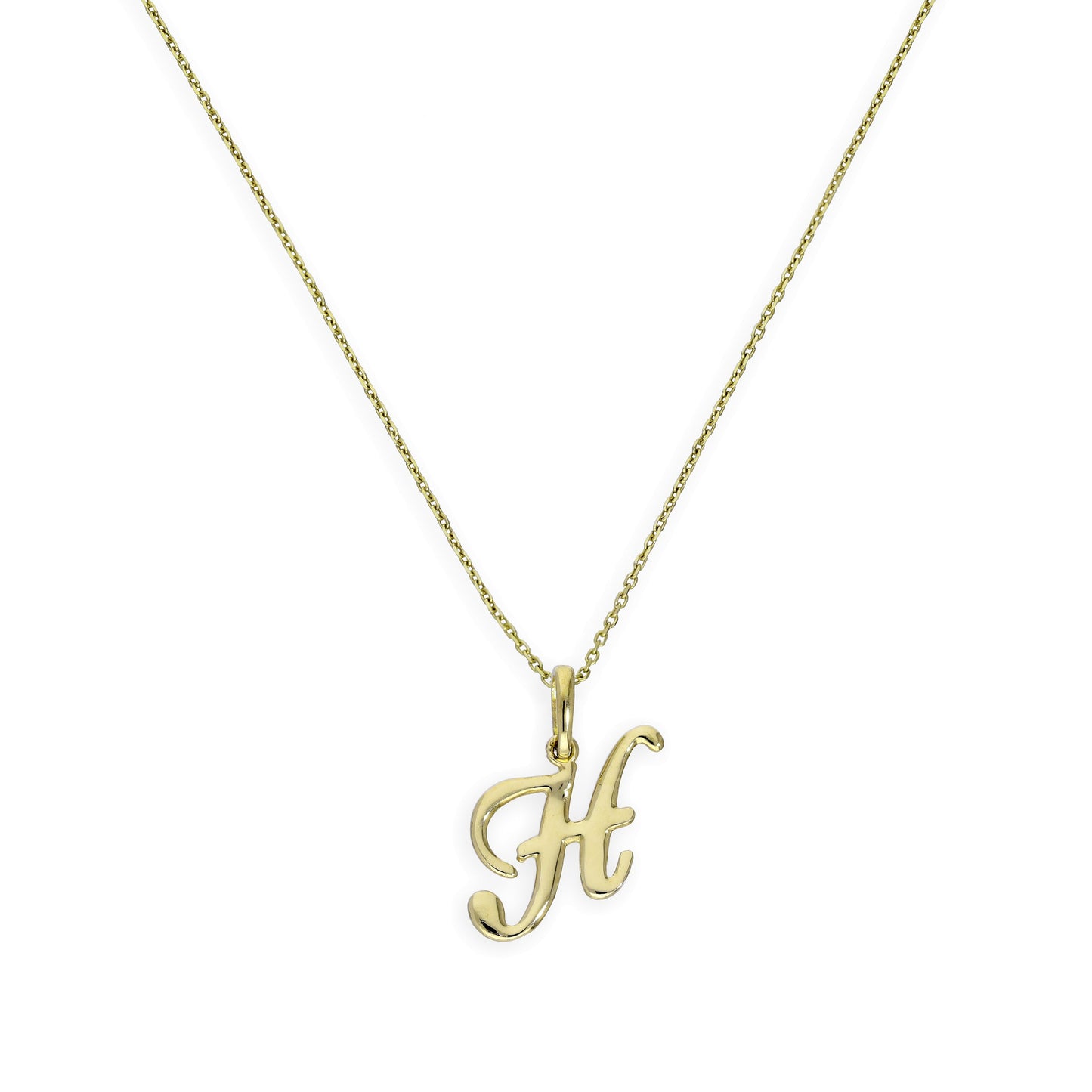 Halskette mit Anhänger aus 9 Karat Gold mit verschnörkelter Kalligraphie-Schrift und Buchstabe H, 16–20 Zoll