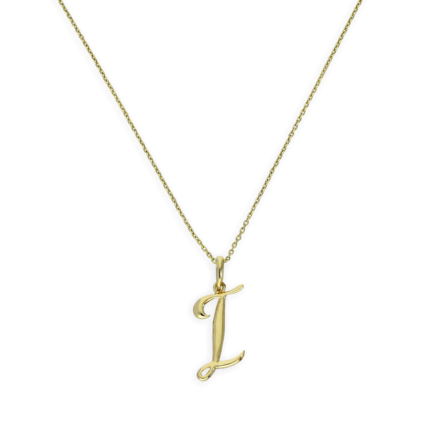 Halskette mit Anhänger aus 9 Karat Gold mit verschnörkelter Kalligraphie-Schrift und Buchstabe I, 16–20 Zoll