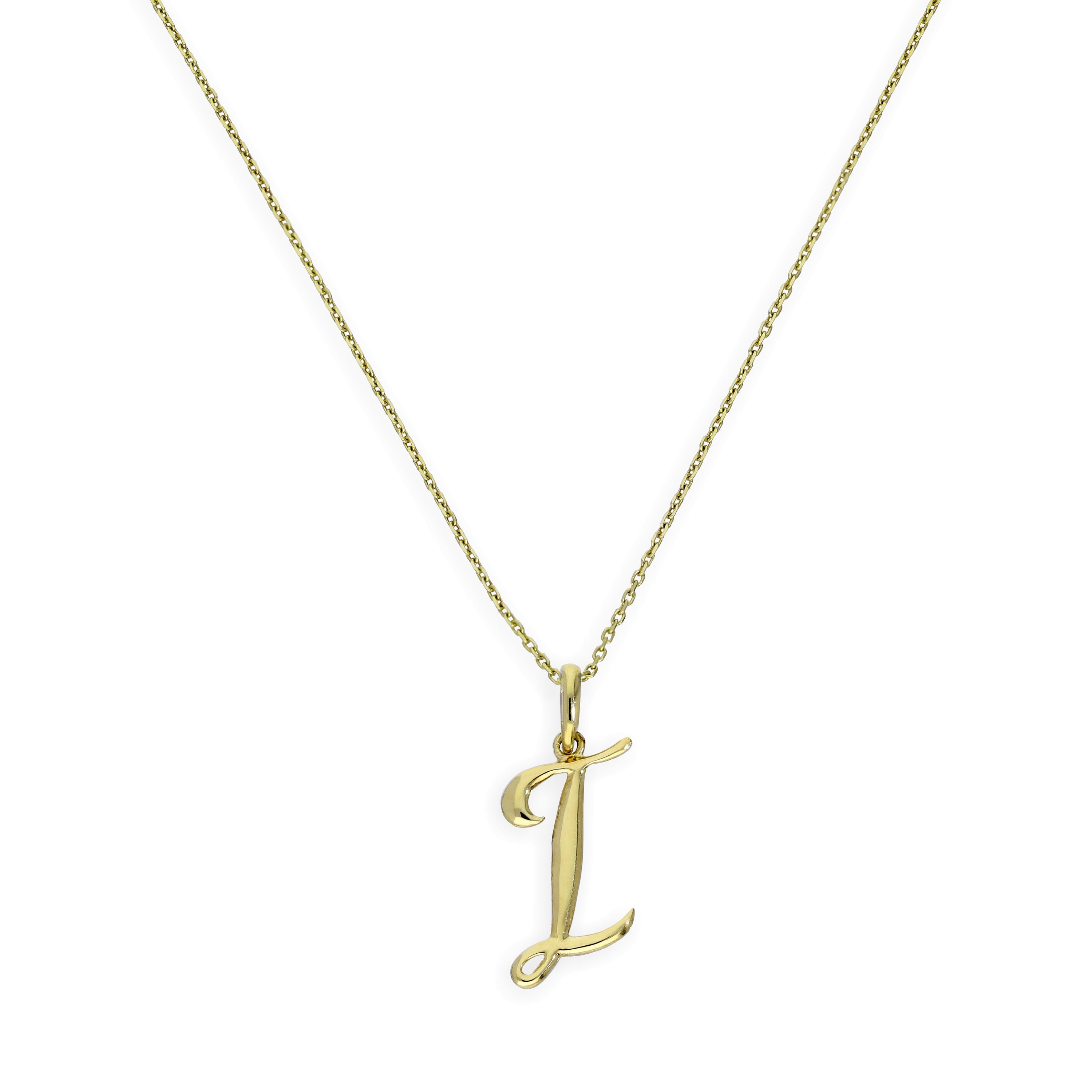 Halskette mit Anhänger aus 9 Karat Gold mit verschnörkelter Kalligraphie-Schrift und Buchstabe I, 16–20 Zoll