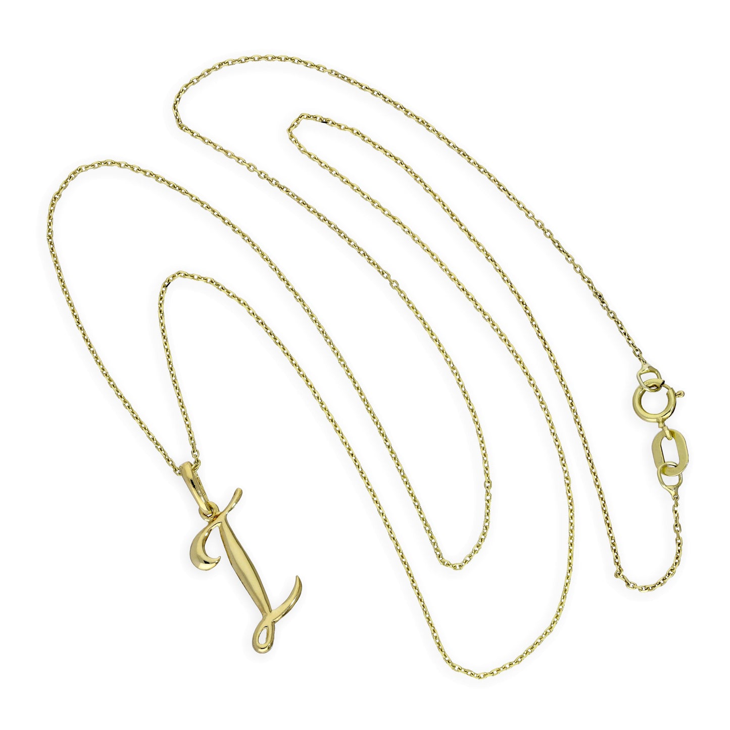 Halskette mit Anhänger aus 9 Karat Gold mit verschnörkelter Kalligraphie-Schrift und Buchstabe I, 16–20 Zoll