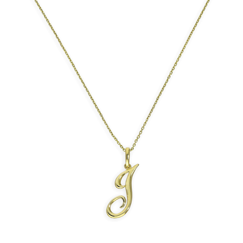 Halskette aus 9 Karat Gold mit Anhänger Buchstabe J in verzierter Kalligrafie-Schrift, 40 - 50 cm