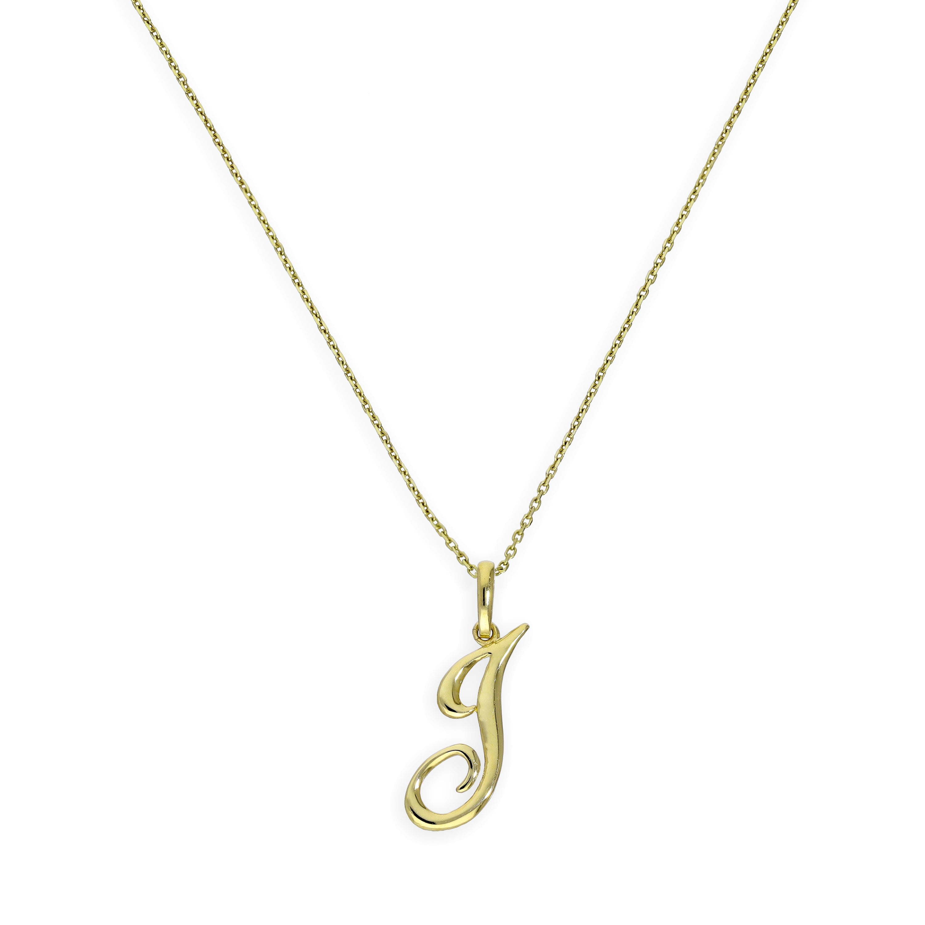 Halskette mit Anhänger aus 9 Karat Gold mit ausgefallener Kalligraphie-Schriftzug-Buchstabe J, 16–20 Zoll