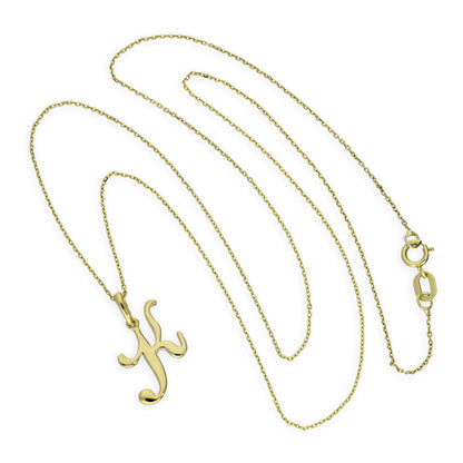 Halskette mit Anhänger aus 9 Karat Gold mit ausgefallener Kalligraphie-Schriftzug-Buchstabe K, 16–20 Zoll