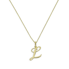 Halskette mit Anhänger aus 9 Karat Gold mit verschnörkelter Kalligraphie-Schrift und Buchstabe L, 40–50 cm