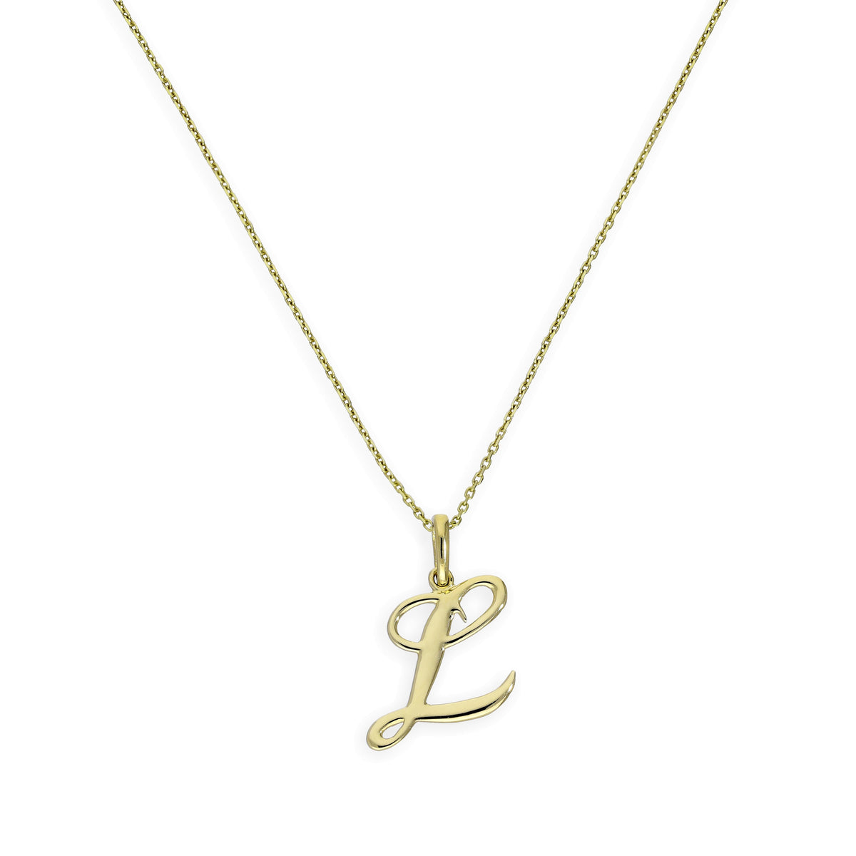 Halskette mit Anhänger aus 9 Karat Gold mit verschnörkelter Kalligraphie-Schrift und Buchstabe L, 40–50 cm