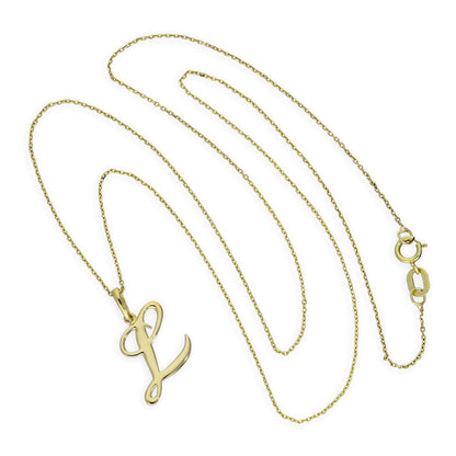 Halskette mit Anhänger aus 9 Karat Gold mit verschnörkelter Kalligraphie-Schrift und Buchstabe L, 40–50 cm